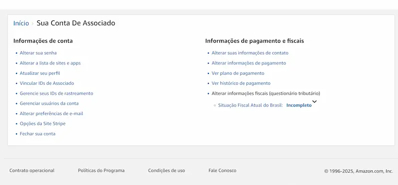 Configura&ccedil;&atilde;o da conta de associado da Amazon