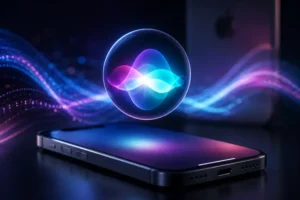 Smartphone moderno com esfera luminosa de inteligência artificial flutuando sobre a tela, representando a nova Siri AI no ecossistema Apple.