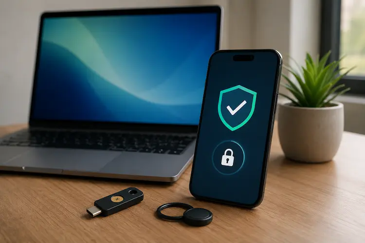 Smartphone com ícones de escudo e cadeado ao lado de notebook e chave física de segurança, representando autenticação em dois fatores para proteger contas online.