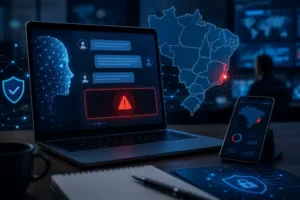 Imagem conceitual de inteligência artificial monitorando alertas digitais em uma interface de chatbot, com mapa do Brasil destacando o Espírito Santo e elementos de segurança cibernética.
