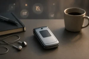 Celular flip retrô fechado sobre mesa minimalista com fones de ouvido, caderno e xícara de café, simbolizando bem-estar digital e redução de notificações.