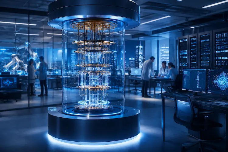 Laborat&oacute;rio futurista de computa&ccedil;&atilde;o qu&acirc;ntica com processador qu&acirc;ntico iluminado em azul, pesquisadores ao fundo e monitores exibindo dados digitais, representando o avan&ccedil;o comercial dos computadores qu&acirc;nticos.