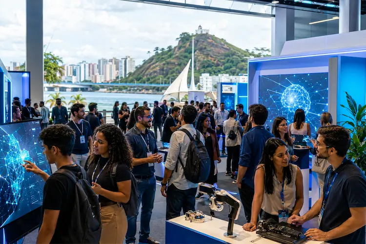 Feira de tecnologia em Vit&oacute;ria com estandes de startups, telas de intelig&ecirc;ncia artificial e p&uacute;blico interagindo em ambiente de inova&ccedil;&atilde;o.