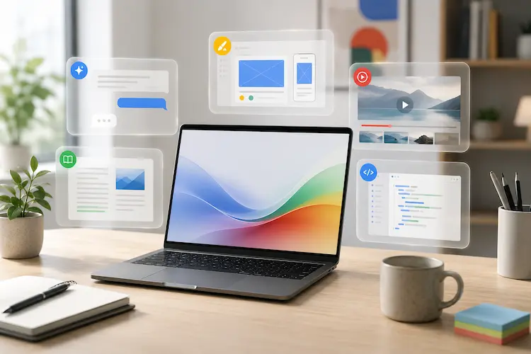 Notebook em mesa de trabalho com painéis digitais flutuantes representando ferramentas de inteligência artificial do Google para pesquisa, estudo, design, vídeo, código e produtividade.