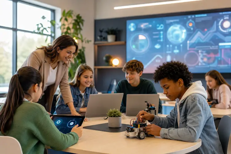 Professora orientando alunos em sala de aula moderna com notebooks, tablet, robô educacional e tela digital com elementos de inteligência artificial, representando Educação 4.0 e 5.0 na prática.