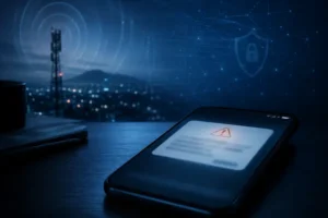 Smartphone sobre mesa escura exibindo alerta de emergência genérico desfocado, com luz azul noturna e elementos abstratos de rede celular e segurança digital ao fundo.