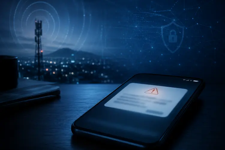 Smartphone sobre mesa escura exibindo alerta de emerg&ecirc;ncia gen&eacute;rico desfocado, com luz azul noturna e elementos abstratos de rede celular e seguran&ccedil;a digital ao fundo.