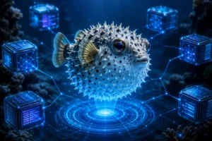 Peixe fugu holográfico conectado a blocos digitais em uma rede de inteligência artificial multiagente com luzes azuis futuristas.