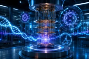 Computador quântico em laboratório futurista processando uma estrutura de DNA digital e elementos visuais de vírus, representando genoma real codificado em sistema quântico.
