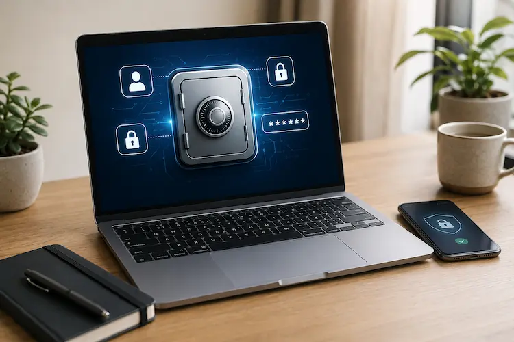 Cofre digital em notebook e smartphone representando gerenciador de senhas para proteger contas online.