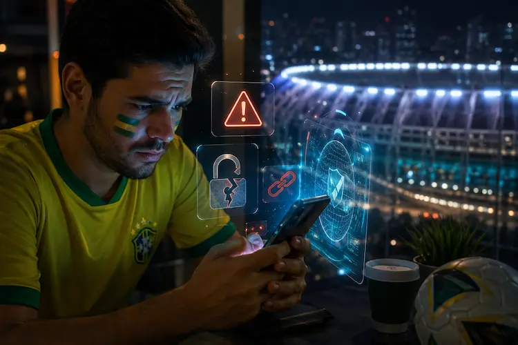 Torcedor brasileiro segurando celular diante de alertas digitais de segurança, com estádio iluminado ao fundo, representando golpes digitais na Copa 2026.