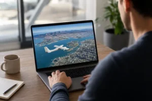 Pessoa usando notebook com visualização aérea do Google Earth e avião virtual sobrevoando uma cidade em experiência de simulador de voo.