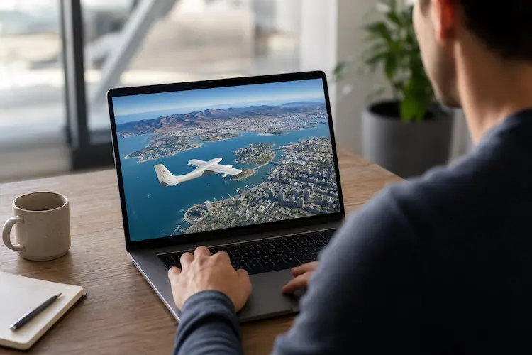 Pessoa usando notebook com visualização aérea do Google Earth e avião virtual sobrevoando uma cidade em experiência de simulador de voo.