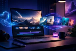 Notebook exibindo uma cena de vídeo em edição, com faixa cinematográfica, painéis visuais e elementos digitais de inteligência artificial representando criação audiovisual no Google Flow.
