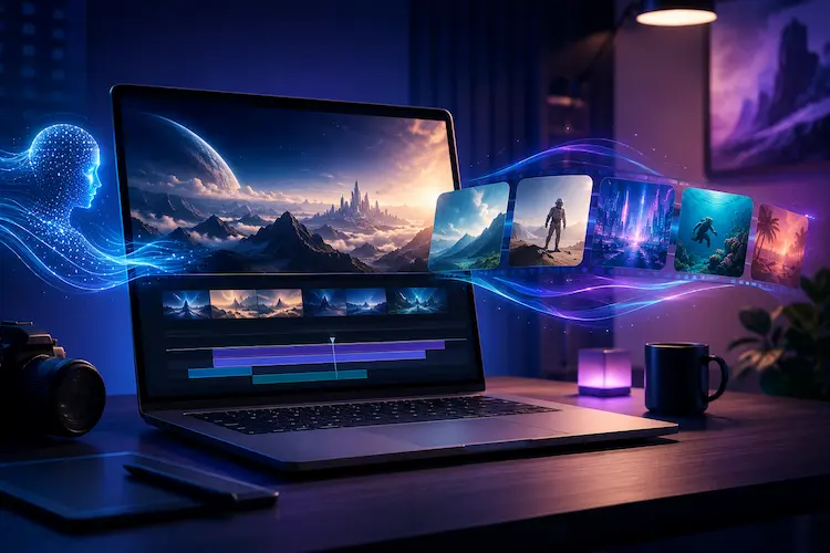 Notebook exibindo uma cena de v&iacute;deo em edi&ccedil;&atilde;o, com faixa cinematogr&aacute;fica, pain&eacute;is visuais e elementos digitais de intelig&ecirc;ncia artificial representando cria&ccedil;&atilde;o audiovisual no Google Flow.