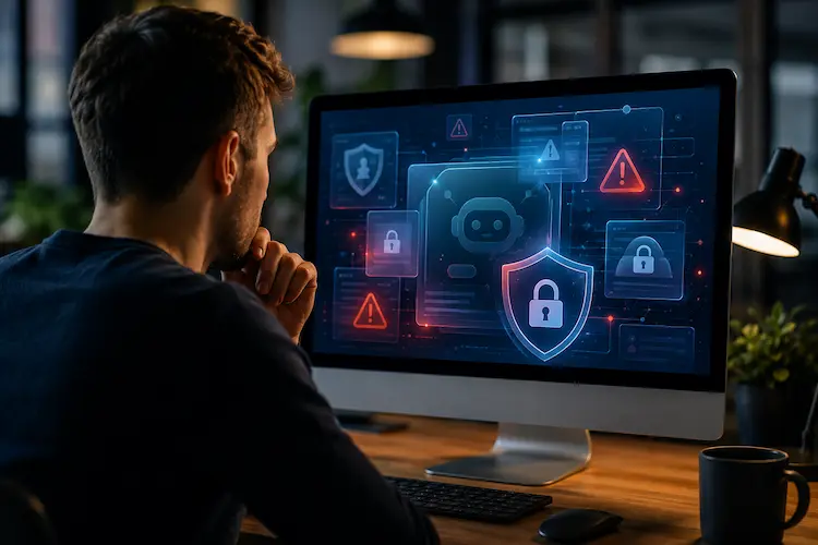 Pessoa observando uma tela de computador com chatbot gen&eacute;rico protegido por escudos digitais, cadeados e alertas visuais sobre seguran&ccedil;a em intelig&ecirc;ncia artificial.