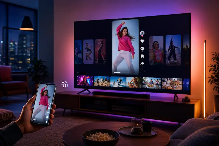 Smartphone transmitindo vídeo curto para uma smart TV em uma sala moderna, simbolizando a chegada do Instagram às TVs conectadas.
