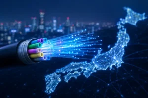 Cabo de fibra óptica emitindo feixes de luz sobre um mapa digital do Japão, representando o recorde japonês de velocidade de internet em teste experimental.