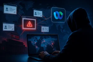 Pessoa encapuzada usando notebook em ambiente escuro, com mapa digital global, janelas falsas de videoconferência e alertas vermelhos representando ataque cibernético atribuído ao Kimsuky.