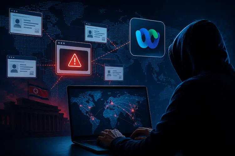 Pessoa encapuzada usando notebook em ambiente escuro, com mapa digital global, janelas falsas de videoconfer&ecirc;ncia e alertas vermelhos representando ataque cibern&eacute;tico atribu&iacute;do ao Kimsuky.
