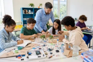 Professor orientando estudantes em sala maker com papel&atilde;o, eletr&ocirc;nica simples e projetos escolares colaborativos.