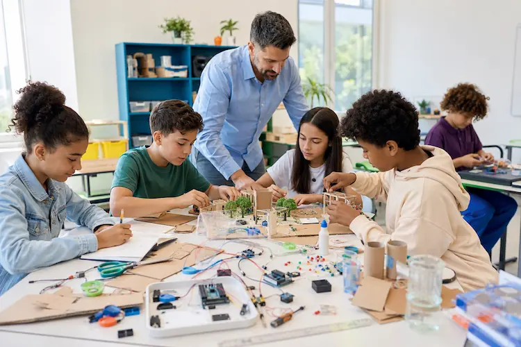 Professor orientando estudantes em sala maker com papel&atilde;o, eletr&ocirc;nica simples e projetos escolares colaborativos.