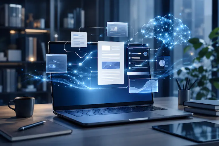 Notebook em mesa de escrit&oacute;rio exibindo interfaces digitais flutuantes conectadas a uma nuvem de intelig&ecirc;ncia artificial, representando o NotebookLM com Gemini 3.5, Antigravity e pesquisa em nuvem.
