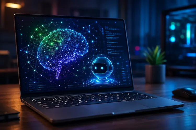 Notebook moderno exibindo visualiza&ccedil;&atilde;o abstrata de intelig&ecirc;ncia artificial com c&eacute;rebro digital e assistente virtual em uma mesa tecnol&oacute;gica iluminada em tons de azul.