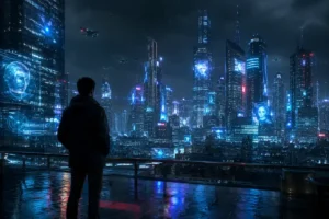 Pessoa observa uma cidade futurista cyberpunk com luzes neon, drones, arranha-céus corporativos e painéis digitais abstratos.