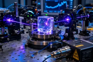 Cristal translúcido iluminado por feixes de laser roxo em laboratório de física avançada, representando experimento de relógio nuclear com Tório-229.