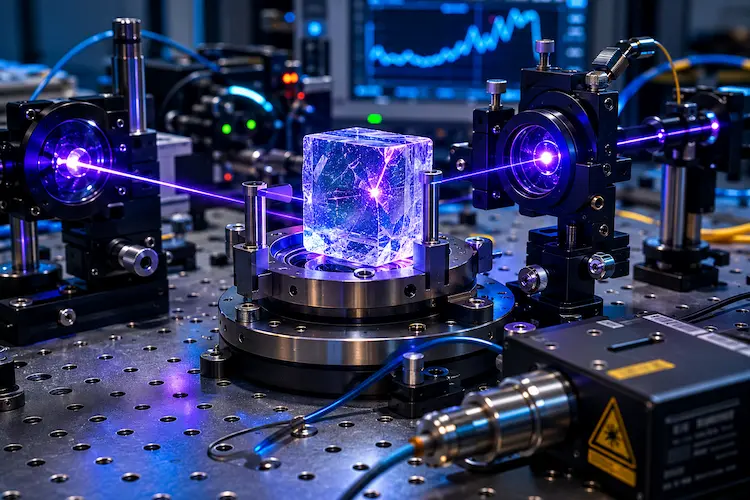 Cristal transl&uacute;cido iluminado por feixes de laser roxo em laborat&oacute;rio de f&iacute;sica avan&ccedil;ada, representando experimento de rel&oacute;gio nuclear com T&oacute;rio-229.