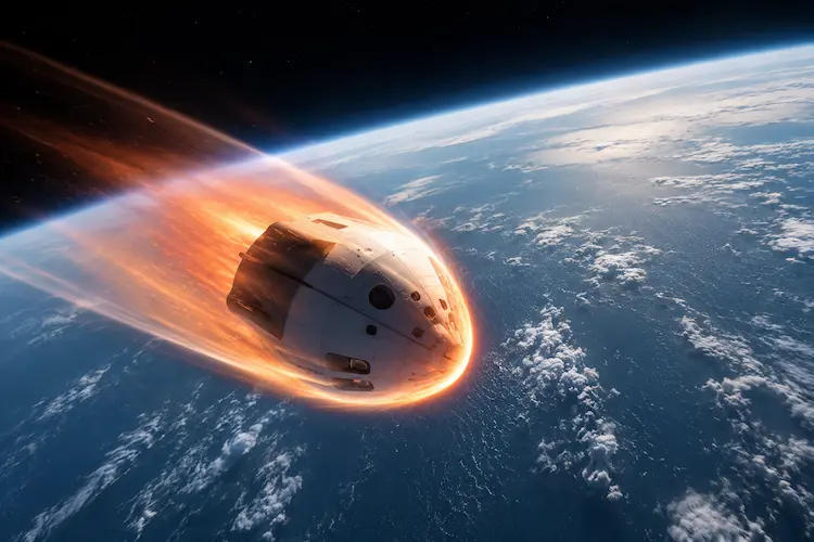 C&aacute;psula espacial de reentrada atravessando a atmosfera terrestre com brilho de plasma, sobre o oceano, representando o Projeto Starfall da SpaceX para trazer cargas do espa&ccedil;o de volta &agrave; Terra.