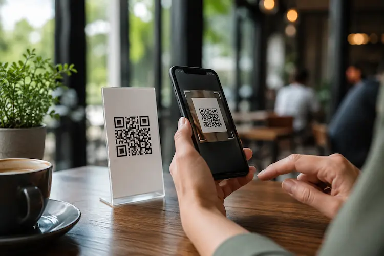 pessoa conferindo um QR Code no celular antes de abrir o link ou confirmar pagamento.