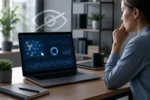 Profissional observando notebook com painel de monitoramento digital e ícone de privacidade, representando rastreamento de cliques, vigilância corporativa e proteção de dados no trabalho.