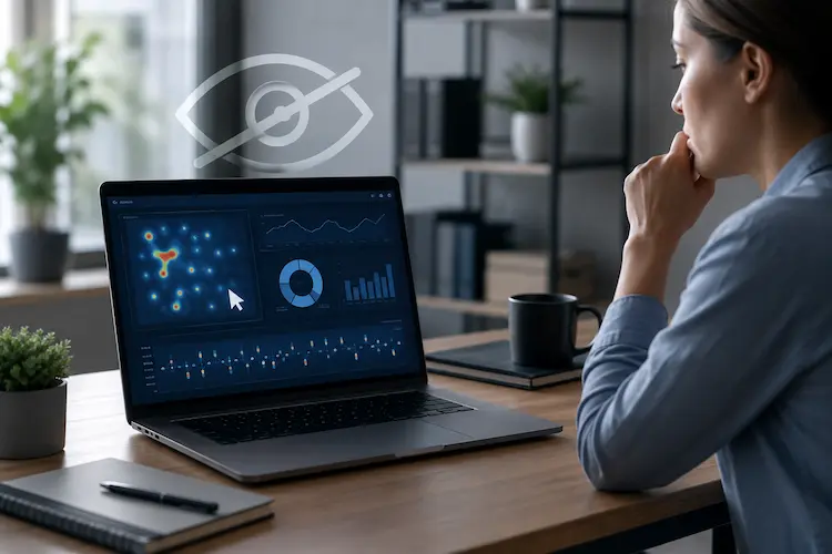 Profissional observando notebook com painel de monitoramento digital e &iacute;cone de privacidade, representando rastreamento de cliques, vigil&acirc;ncia corporativa e prote&ccedil;&atilde;o de dados no trabalho.
