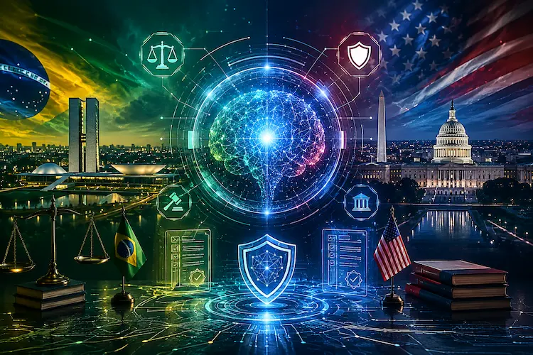 Ilustra&ccedil;&atilde;o futurista sobre regula&ccedil;&atilde;o da intelig&ecirc;ncia artificial no Brasil e nos Estados Unidos, com n&uacute;cleo de IA, s&iacute;mbolos de justi&ccedil;a, seguran&ccedil;a digital e pr&eacute;dios governamentais ao fundo.