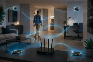 Sala moderna com roteador Wi-Fi, módulos ESP32-S3 e ondas digitais azuis detectando a presença de uma pessoa sem uso de câmeras.