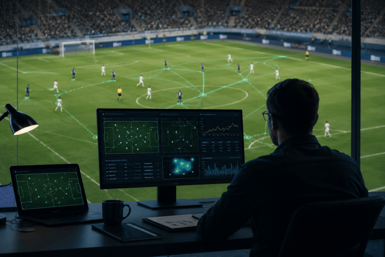 Analista observa uma tela com simula&ccedil;&atilde;o de jogadas de futebol por intelig&ecirc;ncia artificial, enquanto linhas digitais representam movimentos dos jogadores em campo.