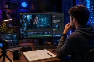 Pessoa editando cenas live action geradas por inteligência artificial em uma estação de trabalho com monitor, notebook, câmera e interface de vídeo futurista.