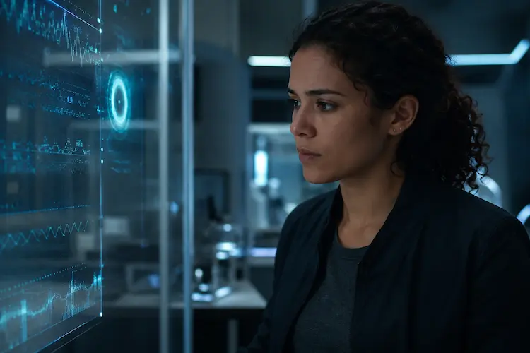 Lívia Moraes observa uma tela transparente com gráficos abstratos em um laboratório futurista minimalista iluminado por luz azul fria.
