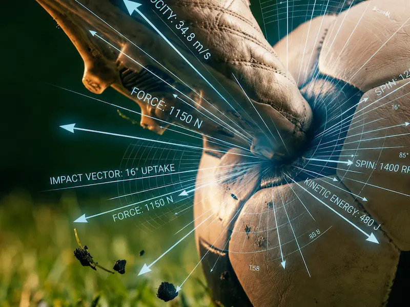 Bola de futebol sendo chutada com sobreposição de dados digitais mostrando força, velocidade, giro e trajetória analisados por inteligência artificial.
