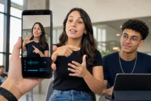 Pessoa sinalizando em Libras enquanto um celular usa inteligência artificial para reconhecer movimentos e traduzir a comunicação em tempo real.