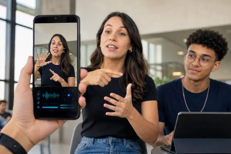Pessoa sinalizando em Libras enquanto um celular usa intelig&ecirc;ncia artificial para reconhecer movimentos e traduzir a comunica&ccedil;&atilde;o em tempo real.