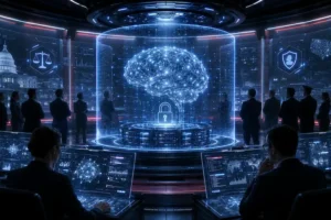 Sala futurista de segurança digital com especialistas observando um cérebro holográfico de inteligência artificial protegido por um cadeado, representando o controle do lançamento de modelos avançados como o GPT-5.6.