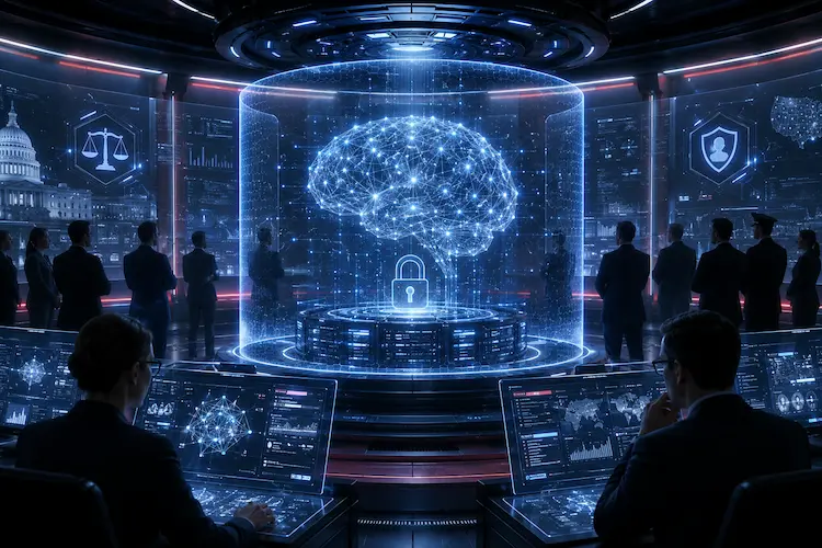 Sala futurista de seguran&ccedil;a digital com especialistas observando um c&eacute;rebro hologr&aacute;fico de intelig&ecirc;ncia artificial protegido por um cadeado, representando o controle do lan&ccedil;amento de modelos avan&ccedil;ados como o GPT-5.6.