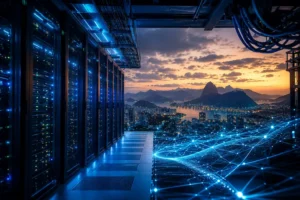Data center moderno com servidores iluminados e vista do Rio de Janeiro ao fundo, representando infraestrutura de IA e soberania digital.