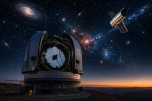 Telescópio terrestre moderno em observatório sob céu estrelado, com galáxias, nebulosas e telescópio espacial ao fundo observando o universo profundo.