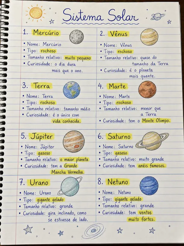 Página manuscrita de caderno com resumo do Sistema Solar e informações dos oito planetas.