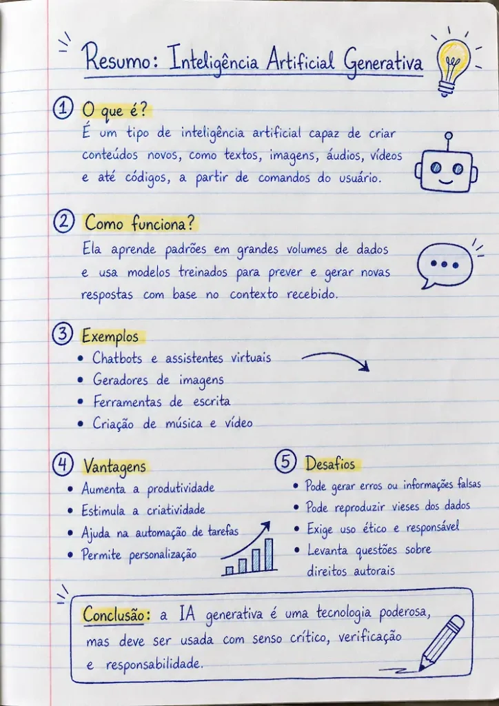 Página de caderno com resumo manuscrito sobre inteligência artificial generativa, destacando conceito, funcionamento, exemplos, vantagens e desafios.