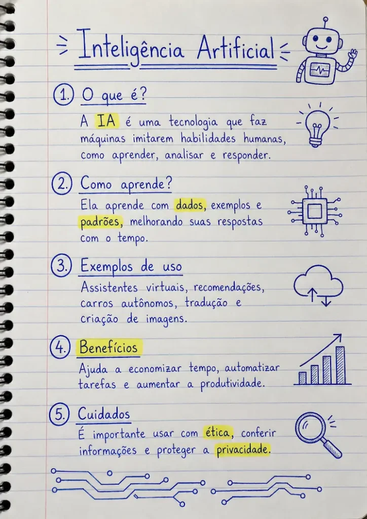 Página de caderno pautado com anotações manuscritas em azul sobre inteligência artificial, cinco tópicos explicativos, destaques em amarelo e desenhos de tecnologia.